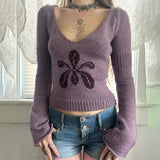 KYLETHOMASW  -  Cropped Sweater Pullover Women Embroidery Flowers V Neck Slim Stretch Long Sleeve Basic Vintage Y2k Harajuku Jumper