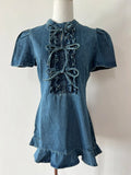 KYLETHOMASW  -  Denim Dress for Women Stand Collar Bow Bubble Short Sleeve Dresses Blue A-line Korean Fashion Retro Mini Skirts Female Clothes