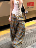 KYLETHOMASW  -  Y2K Plaid Wide Leg Pants Women Summer Streetwear High Waist Loose All Match Pants Casual Pockets Lady Mopping Trousers