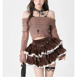 KYLETHOMASW  -  Brown Sweet Corduroy Skirt Women Korean Style Kawaii Cake Mini Skirt Black Lace Spliced High Waist Ruffle Short Skirts