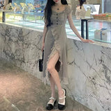 KYLETHOMASW  -  Women Stylish Vintage Ruffle Lace-up Sexy Slit Fairy Midi Dress Casual Sweet Chic Solid Short Sleeve Slim Party Dresses Vestidos