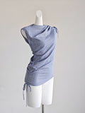 KYLETHOMASW  -  French Blue Striped Drawstring Strap Shirt for Women Summer Outfit Sweet GirlI Irregular Slim Fit Sleeveless Blouses Women Tops