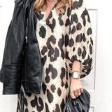 KYLETHOMASW  -  Spring Summer New Long V-neck Loose Lantern Sleeve Leopard Print Straight Cut Dress Women's Midi Dress Comfortable Breathable