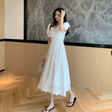 Kylethomasw Women Sweet White Embroidery Elegant High Waist Summer 2024 Dresses Ladies Sexy V-Neck Puff Short Sleeve Party Dress Vestidos