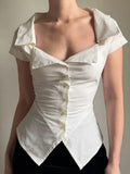 KYLETHOMASW  -  New Summer French Turn Down V Neck Women Shirt All Match Pleated Single Breasted Clothes Slim Waist Y2k Temperament Blouse