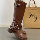 KYLETHOMASW  -  Winter Women Knee High Boots Fashion Belt buckle Long Boots Female Elegant Thick Heel Women's Knight Botties