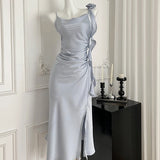 KYLETHOMASW  -  French Gentle Square Collar Women Camisole Sexy Dress Solid Elegant Fashion Slit Flowers Female Vestidos Slim Advanced Dress