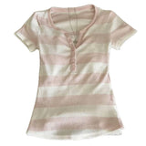 KYLETHOMASW  -  New Elegant Sweet Open Half Neck Short Sleeve Women T Shirt Harajuku Y2k Constrast Color Striped American Clothe Punk Streetwear