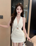 KYLETHOMASW  -  Pure Sexy Halter V Neck Y2k Dress Women Sleeveless High Waist Slim Irregular Ribbon Mini Dresses Fashion Party Vestidos
