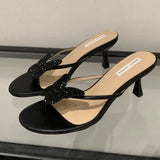 Kylethomasw Rhinestone Butterfly Decoration Women Slippers Summer New Clip Toe Thin Heel Women Pumps Elegant Designer Party Women Slide Shoe