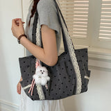 KYLETHOMASW  -  Polka Dot Lace Tote Bag Large Capacity Women's Shoulder Bag Student Commuter Handbag with Contrast Trim Lightweight Shopping Bag