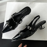 KYLETHOMASW  -  Rivet Metal Belt Buckle Design Low Heel Sandals Women Sexy Pointed Toe Patent Leather Slingbacks Round Heel Women Pumps Mules