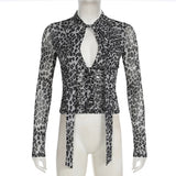 KYLETHOMASW  -  Printed irregular low cut scarf tie T-shirt pure desire style thin mesh top with breasted mesh