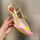 KYLETHOMASW  -  Yellow Pointed Toe Bowknot Satin Cat Heel Sandals Woman Summer 2025 Heart Color Matching Buckle Strap Closed High Heel Shoes