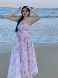 KYLETHOMASW  -  Women Summer Floral Print Sexy Off Shoulder Backless Elegant Party Dresses High Waist Lace-up Sleeveless Slim Beach Maxi Dress