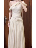 KYLETHOMASW  -  Elegant White One-Shoulder Dress Women's Summer New Beach Vacation High Waist Long Dress French Style Short Sleeve City