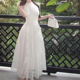 KYLETHOMASW  -  White Long Dresses Ruffles Solid Halter Sleeveless Spring Summer Sweet Vestidos Korean Fasion Elegant Women Dress