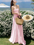 KYLETHOMASW  -  Women's Sweet Pink Long Dresses Elegant Spaghetti Strap Lace-up Princess Evening Party Dress Summer Holiday A-line Vestidos Robe