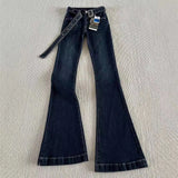 KYLETHOMASW  -  Autumn Winter Vintage Style Low Rise Flared Jeans for Women with Belt Slim Fit Stretchy Floor Length Pants Tall Slimming Look