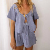 KYLETHOMASW  -  Vintage Plaid 2 Piece Set Front Tie Up Short Sleeve Blouse Shirt Crop Tops + Wide Leg Shorts Women Boho Beach Loose Matching Set