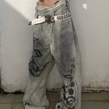 KYLETHOMASW  -  American Plus Size Graffiti Jeans Women Y2K Hot Girl Style Music Note Print Distressed Washed Blade Cut Streetwear Pants Trendy