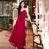 KYLETHOMASW  -  Vintage Red Midi Dress Women Elegant Party Prom Ruffles Spaghetti Strap Dresses Summer Fairy Korean Bodycon Chic Vestidos