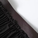 KYLETHOMASW  -  Fashion Office Ladies French Minimalist Leather Waist And Pleated Skirt Women A-line Midi Skirts Womens
