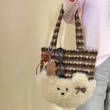 KYLETHOMASW  -  Patchwork Cute Fluffy Dog Contrast Color Striped Handbags Women Purses Y2k Aesthetic Sweet Cartoon Kawaii Shoulder Underarm Bag