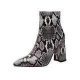 KIylethomasw Snake Print Pu Leather Women Ankle Boots Zip Pointed Toe Footwear Block High Heels Female Boot Winter Party Shoes Women New 43