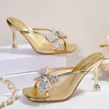KYLETHOMASW  -  Luxury Gold Glitter Bowknot Decoration Slippers Women Mesh Strap Sandals Women Summer Sexy High Heels Party Dress Shoes
