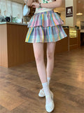 KYLETHOMASW  -  Rainbow Plaid Mini Skirts Preppy Style Women Slim Chic Sweet Party Summer 2024 High Street Daily Casual Gentle