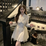 KYLETHOMASW  -  Elegant Mini Party Dress Women Fashion Mesh Patchwork Pleated Dresses Autumn Korean Double Breasted Long Sleeve Bodycon Vestidos
