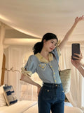 KYLETHOMASW  -  Blue Embroidered Shirts Lapel Sweet Temperament Blouses Vintage Y2k Clothing New Korean Fashion Blusa Mujer Moda