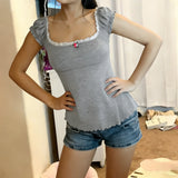 KYLETHOMASW  -  Summer Y2k Slim Sexy Square Collar Patchwork Appliques Casual Knitted T-Shirts