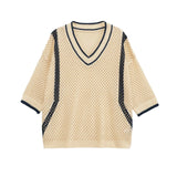 KYLETHOMASW  -  Women Hollow Out Knit Pullover Short Sleeve V Neck Casual Loose Sweater Autumn Tops