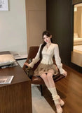 KYLETHOMASW  -  French Apricot Double-layer Lapel Long-sleeved Shirt for Women in Autumn Lace Fitted Waist Shirt