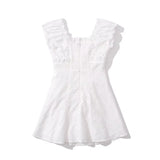 KYLETHOMASW  -  CHIC White Embroidery Lace Open Buttons Slash Shoulder Mini Dress Women Short Sleeve Slim Waist Dresses Holiday Robe Femme