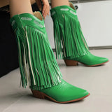 KYLETHOMASW  -  Women Fringe Western Boots Pink Sweet Embroidered Boots Brown Tassels Block Medium Heels Shoes Plus Size 48 Lady Winter