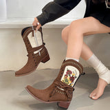 KYLETHOMASW  -  Vintage Ethnic Style Embroidery Woman Ankle Boots Shoes Ladies Elegant Thick Heel Western Cowboy Botas