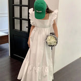 KYLETHOMASW  -  Summer Korean White Long Dress Women Ruffles Sweet Square Neck Backless A-Line Dress New Elegant Casual Women Clothes P739