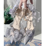 KYLETHOMASW  -  Red Bow-Knot Chain Pearl Ankle Strap Stiletto Lolita Wedding Shoes Woman Summer Pointed Toe High Heels Sandals Party Shoes