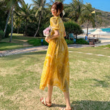 KIylethomasw Summer Bohemian Yellow Women's Senior Sense Chiffon V-neck High Waist Thin Temperament Elegant Fashion Seaside Resort Long Dress