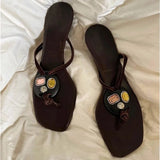 KYLETHOMASW  -  Summer New Women's Brown Flip Flops Square Toe Kitten Heel Rhinestone Inlaid Retro Casual Ladies Beach Outdoor Slippers