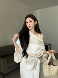KYLTHOMASW  -   French Style Fish Tail Dress Set Slimming Strap Camisole Long Dress Summer New Slant Shoulder Top Two Piece Set Women Outfits