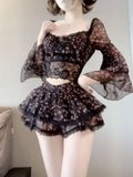 KYLETHOMASW  -  French Elegant Floral Lace 2 Piece Set Women Layered Ruffle Crop Top High Waist Mini Skirt Slim Fit Party Date Night Outfit