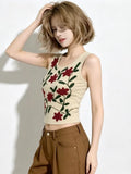 KYLETHOMASW  -  Korean Style Flower Embroidery Fashion Casual Women's Simple Atmospheric Versatile Sleeveless Slim Fit Short Tank Top