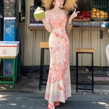 KYLETHOMASW  -  Summer Floral Boho Dress Women Sleeveless Slim Fit Party Midi Dress Mesh Patchwork Long Bodycon Elegant Beach Holiday Dress