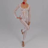 Kylethomasw Sheer Lace Hollow Out Sexy Jumpsuits Zip Up Backless Outfits Women Unitards Square Neck Romper Overalls One Piece