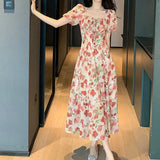 KYLETHOMASW  -  Women Summer Fashion Floral Print Square Collar Lace-up Elegant Party Dresses Sweet Chic Short Sleeve Slim Fairy Midi Dress Robe