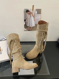 KYLETHOMASW  -  Brown Suede Boots Woman Round Toe Fall Winter Gothic Shoes Fashion Chunky Heels Knee High Boots Western Style Ladies Shoes